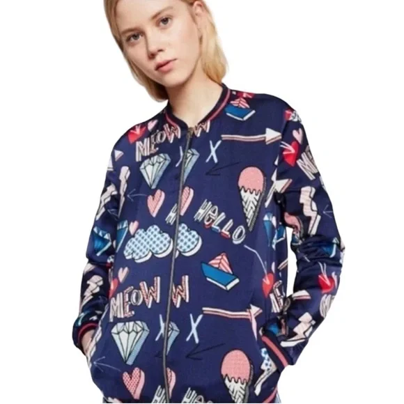 Zara TRF Outerwear Pop Art MEOW Bomber Jacket Navy Full Zip SZ S - Picture 2 of 8